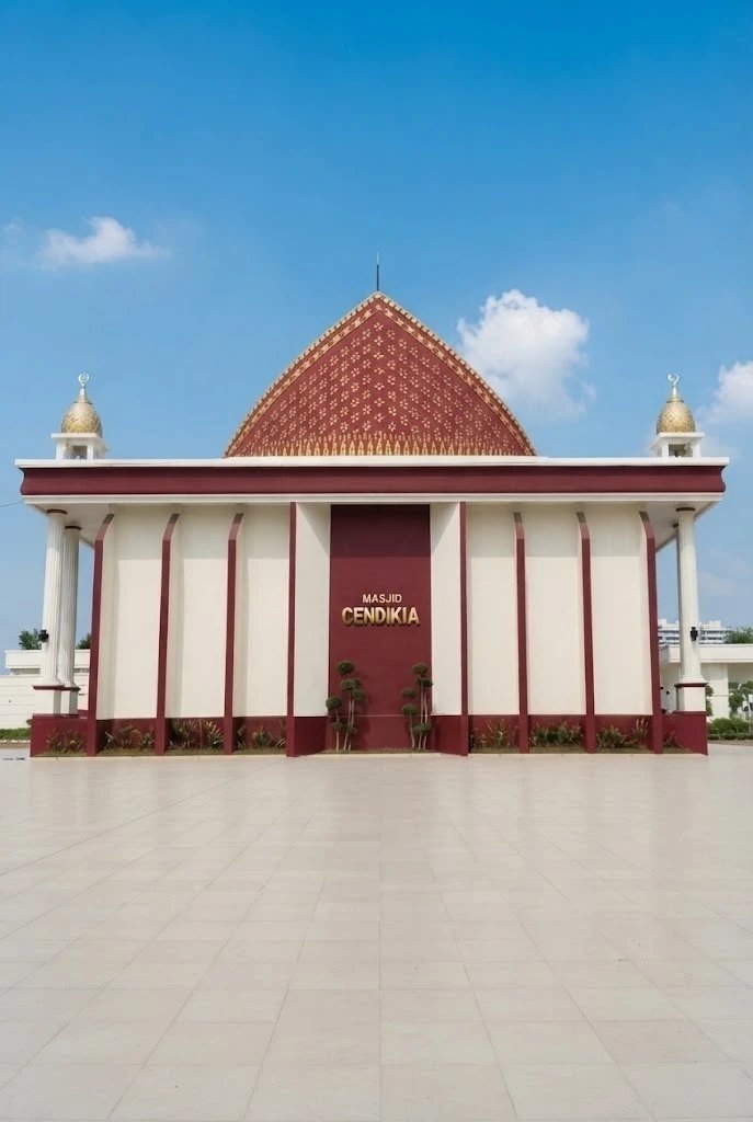 Bangunan Masjid Cendikia dengan atap limas merah bermotif songket