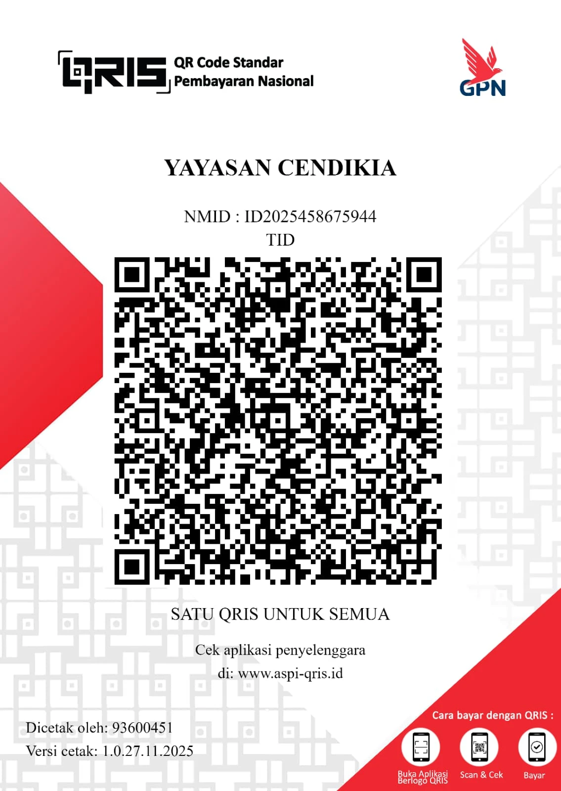 QRIS sedekah Yayasan Cendikia, NMID ID2025458675944